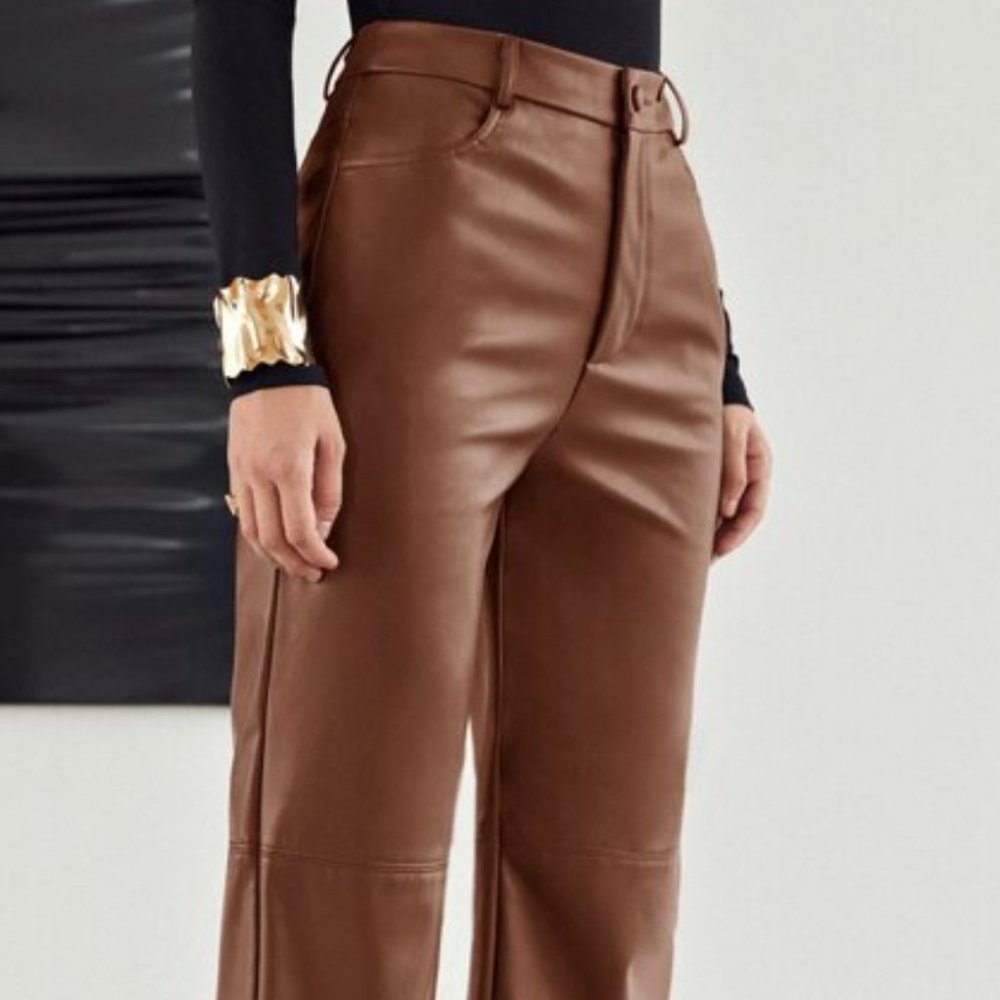 brown faux leather wide legged pants - Picture 5 of 8